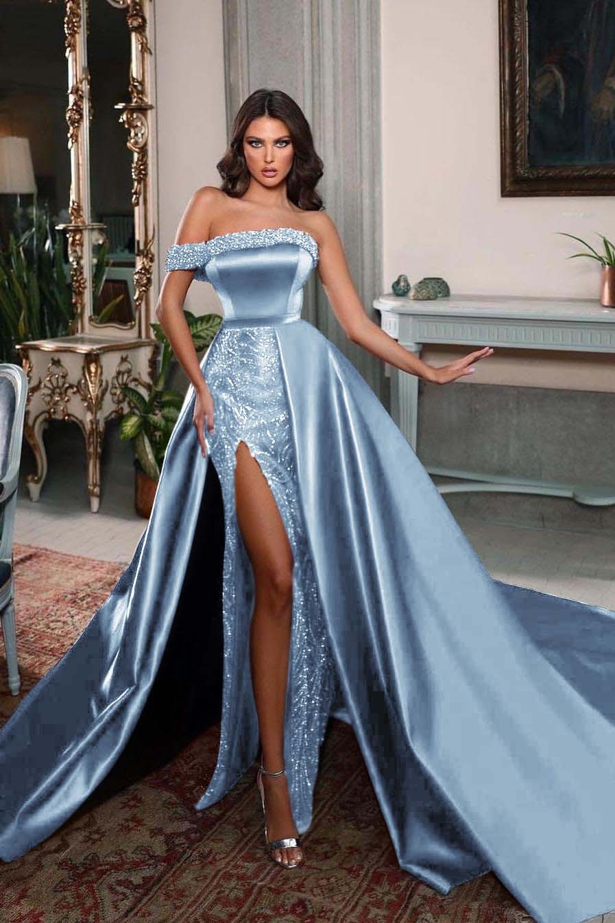 One Shoulder Sleeveless Long Split Prom Dress With Pleated Beading