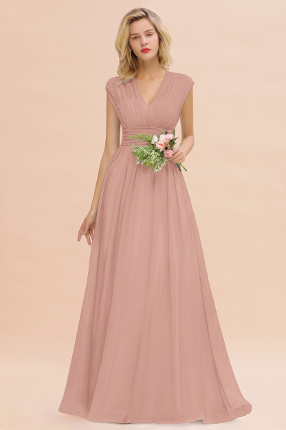 BMbridal Elegant Chiffon V-Neck Ruffle Long Bridesmaid Dresses Affordable-BMbridal
