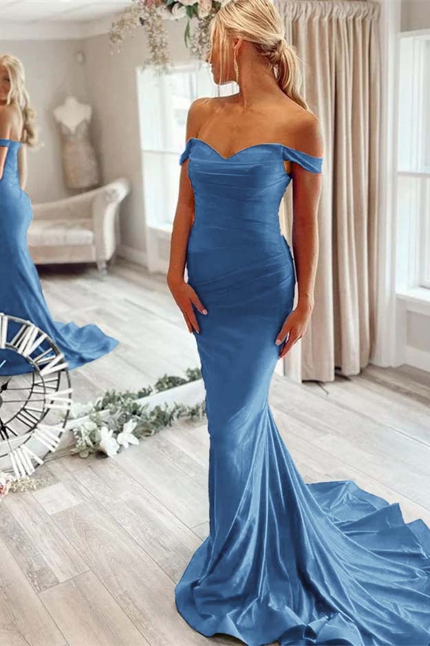 Off the Shoulder Sleeveless Mermaid Long Prom Dress With Pleated
