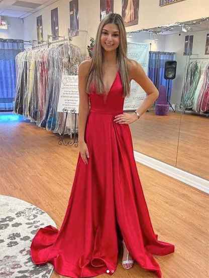 Red A Line Spaghetti Straps V Neck Long Prom Dress with Slit