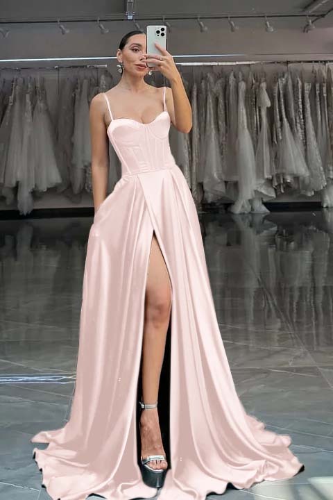 Spaghetti Strap Sleeveless Long Split Prom Dress With Pleated