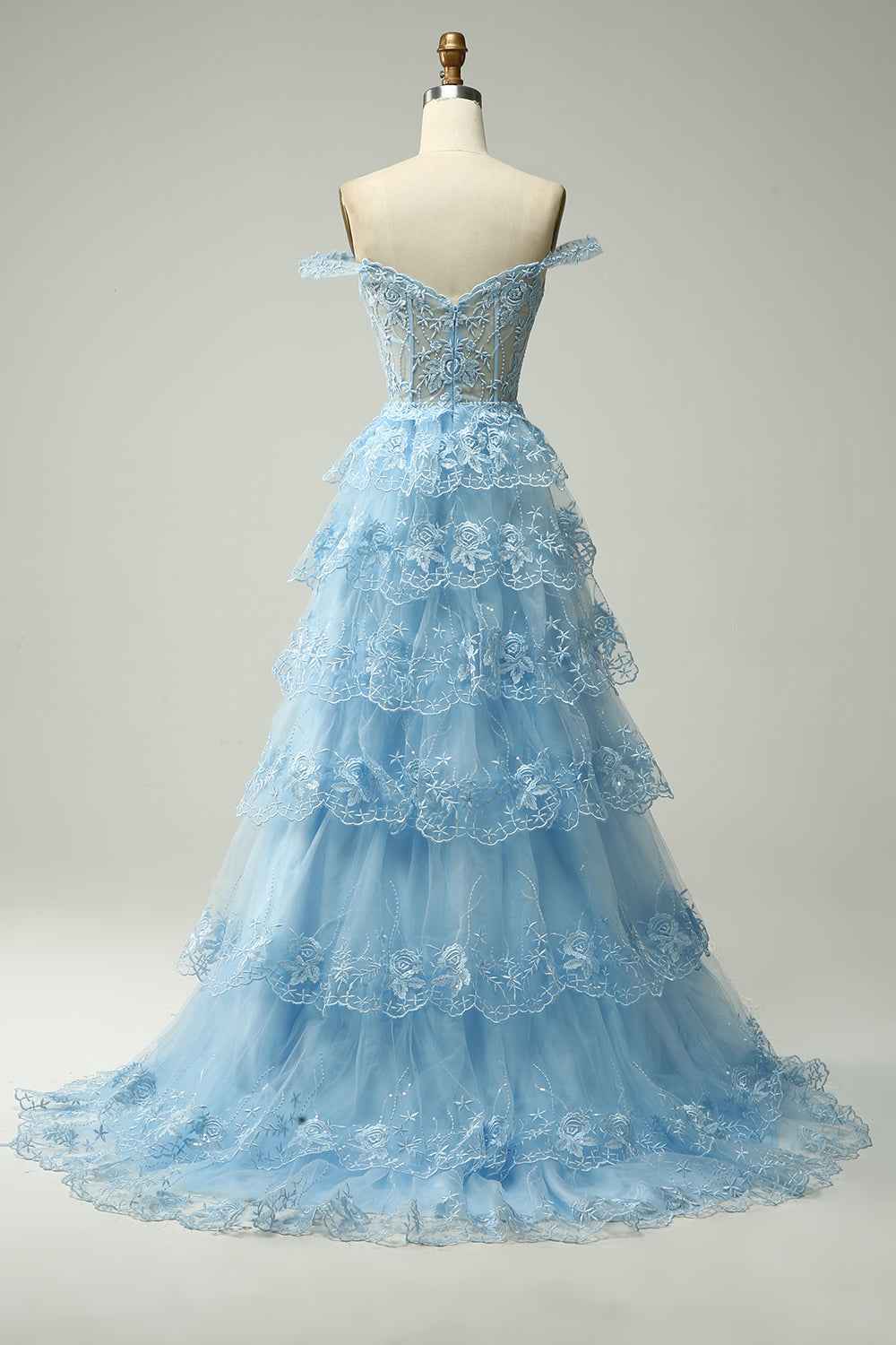 Princess A Line Off the Shoulder Ocean Blue Corset Prom Dress with Lace Ruffles