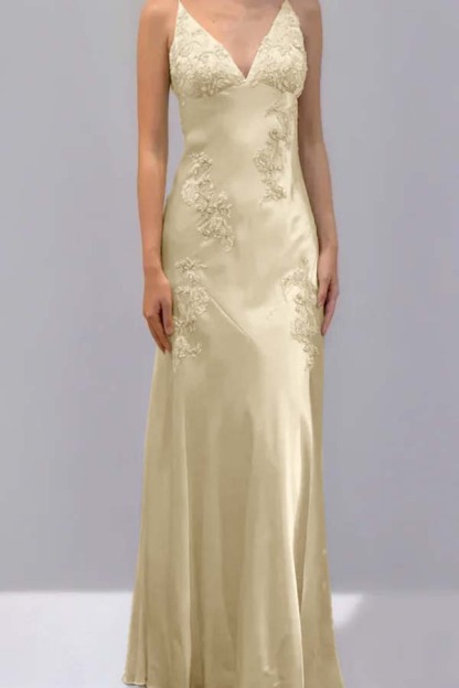 Spaghetti Strap V Neck Sleeveless Long Prom Dress With Appliques