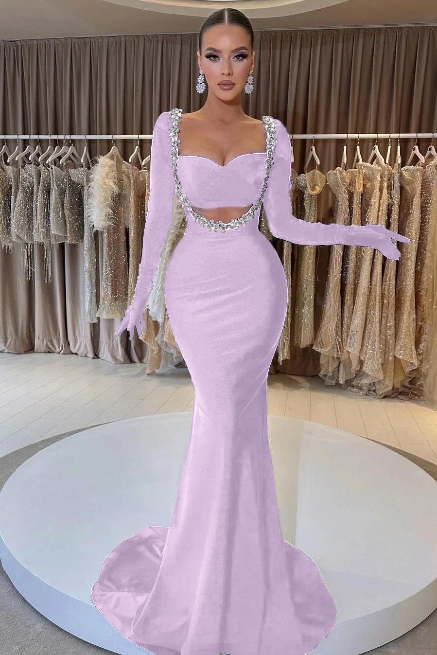 Charming Black Velvet Long Sleeve Beaded Long Mermaid Prom Dress With Gloves