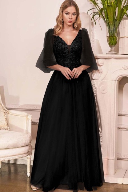 Charming Tulle V Neck Sleeveless Long Prom Dress With Appliques