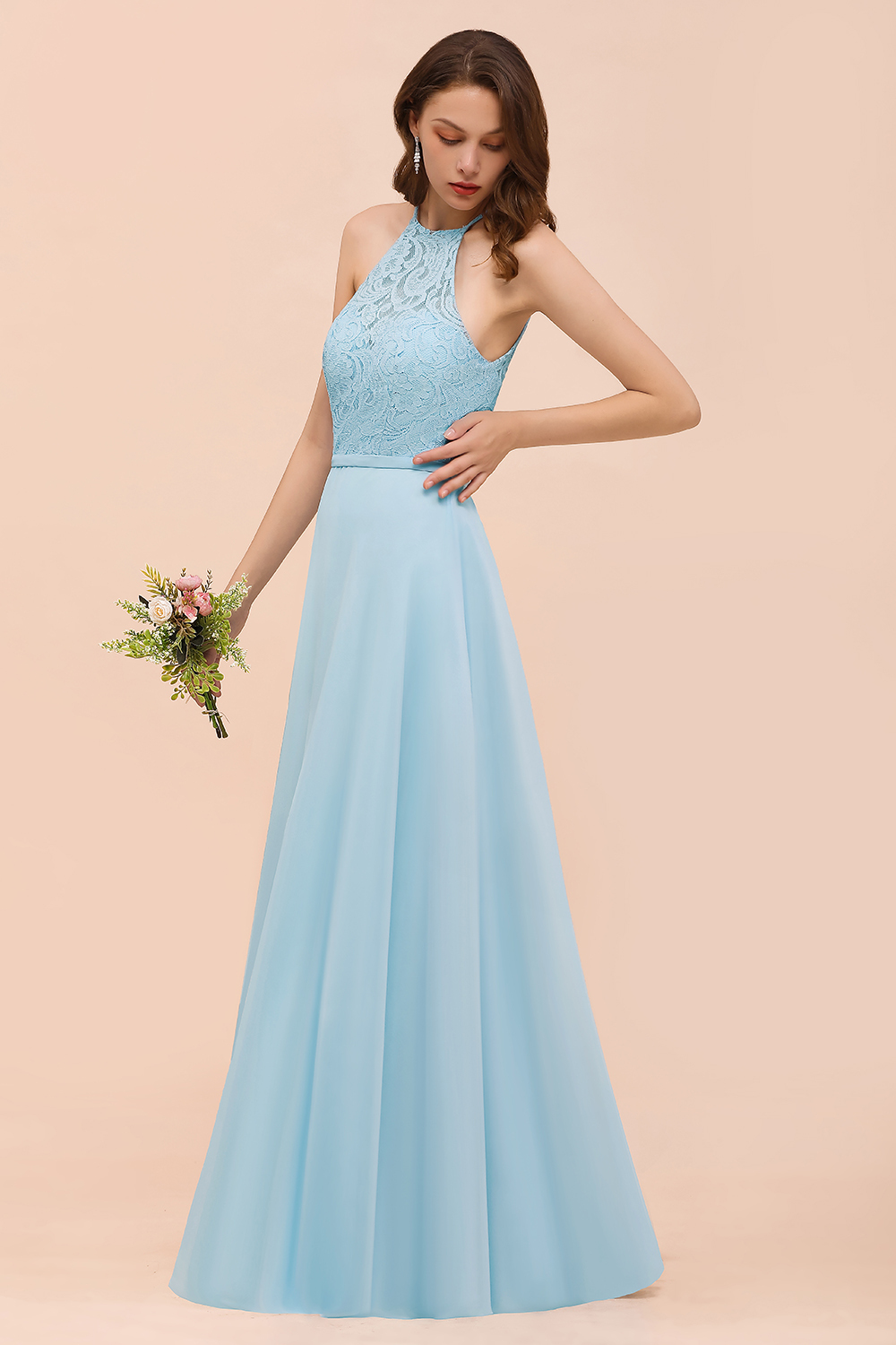 BMbridal Chic Halter Sleeveless Affordable Sky Blue Bridesmaid Dress with Lace-BMbridal