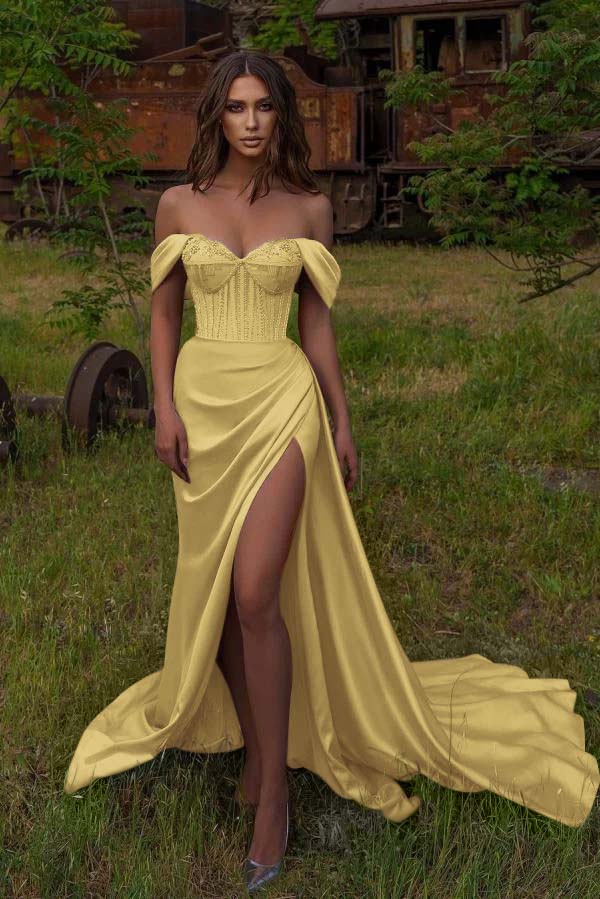 Mermaid Off the Shoulder Strapless Beadings Sweetheart Prom Dress Split