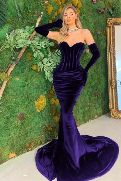 Black Velvet Sweetheart Strapless Long Mermaid Prom Dress With Long Gloves