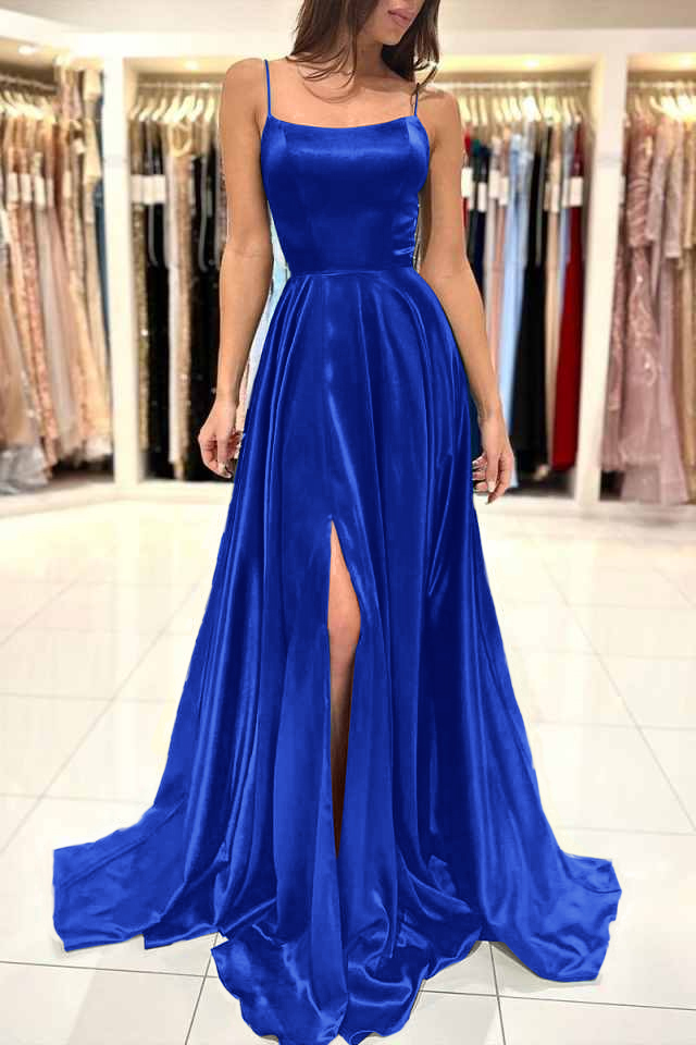 Spaghetti Strap Split Simple Long Prom Dress Green A Line