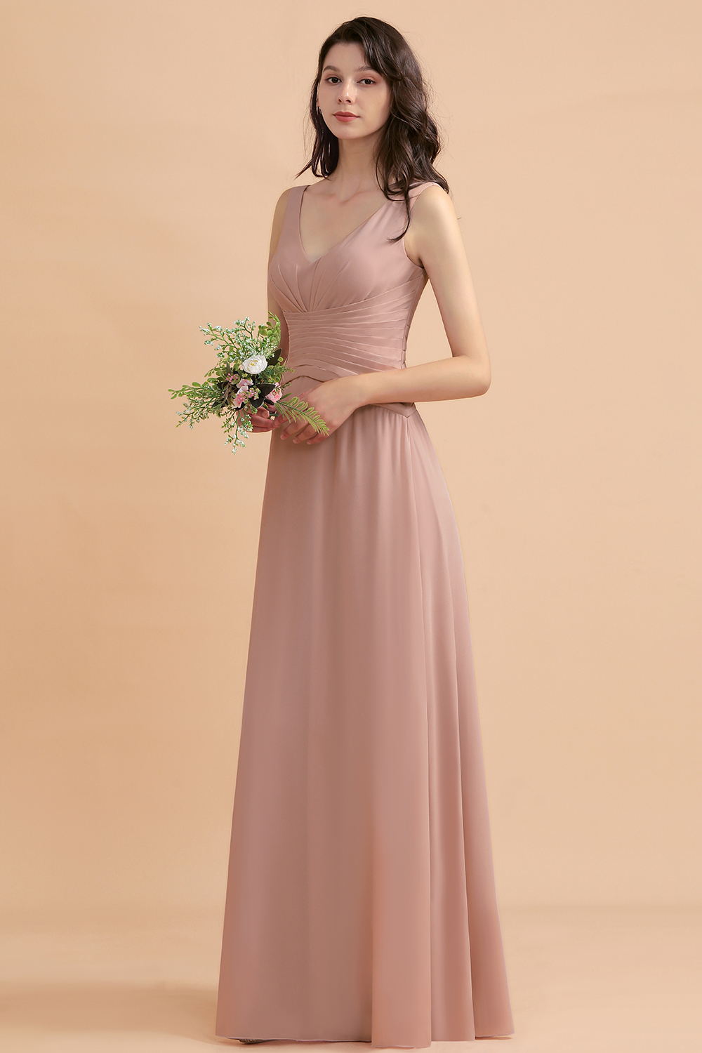 BMbridal V-Neck Dusty Rose Chiffon Bridesmaid Dress with Ruffles-BMbridal