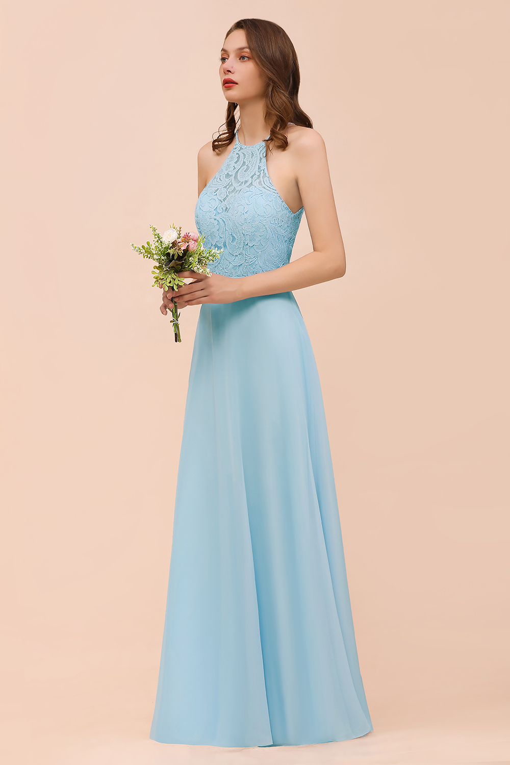 BMbridal Chic Halter Sleeveless Affordable Sky Blue Bridesmaid Dress with Lace-BMbridal