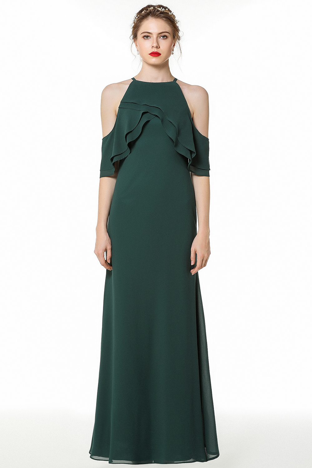 BMbridal Affordable Cold-shoulder Ruffle Dark Green Bridesmaid Dresses Online-BMbridal
