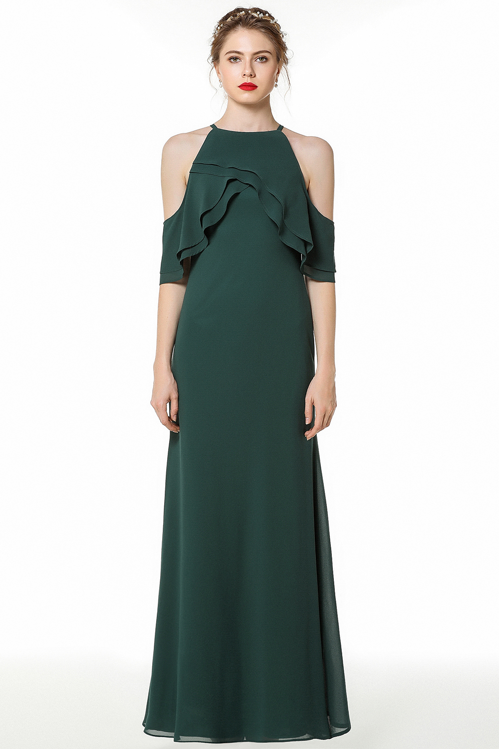 BMbridal Affordable Cold-shoulder Ruffle Dark Green Bridesmaid Dresses Online-BMbridal