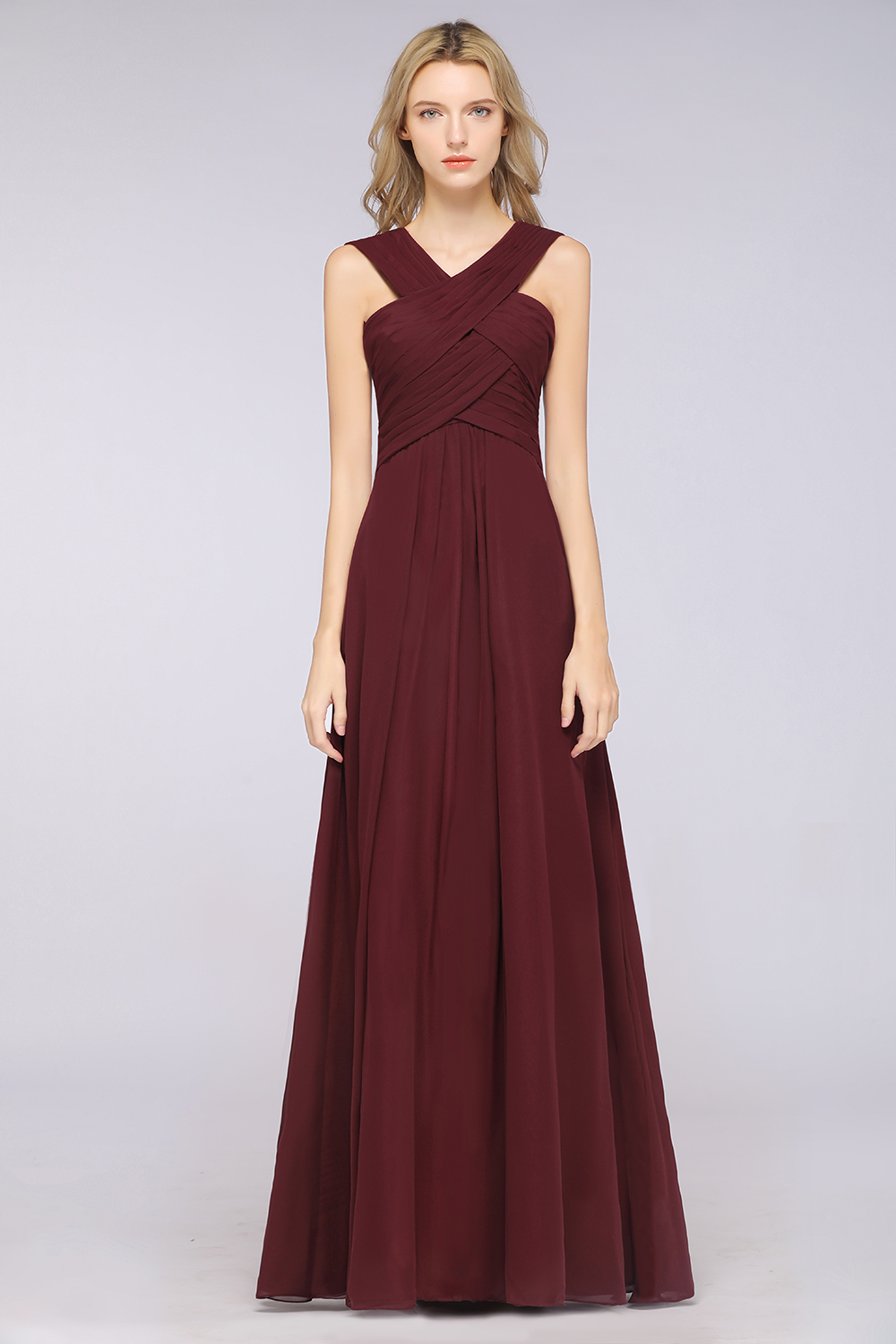 BMbridal Elegant Chiffon V-Neck Straps Crisscross Burgundy Bridesmaid Dress with Ruffle-BMbridal