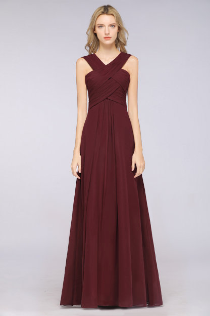 BMbridal Elegant Chiffon V-Neck Straps Crisscross Burgundy Bridesmaid Dress with Ruffle-BMbridal