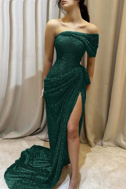 One Shoulder Sleeveless Long Mermaid Prom Dress With Split Pleated