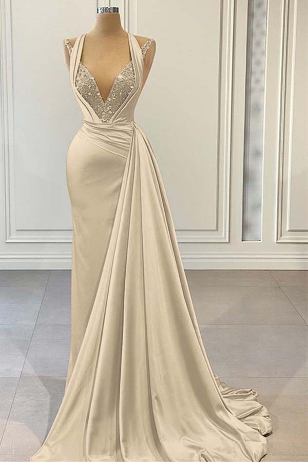 Halter V Neck Sleeveless Long Prom Dress With Beading Pleated