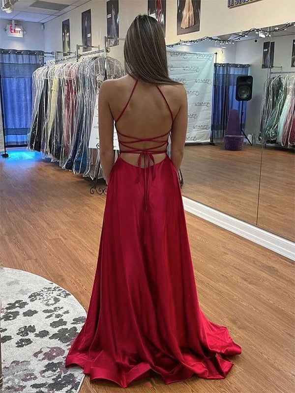 Red A Line Spaghetti Straps V Neck Long Prom Dress with Slit