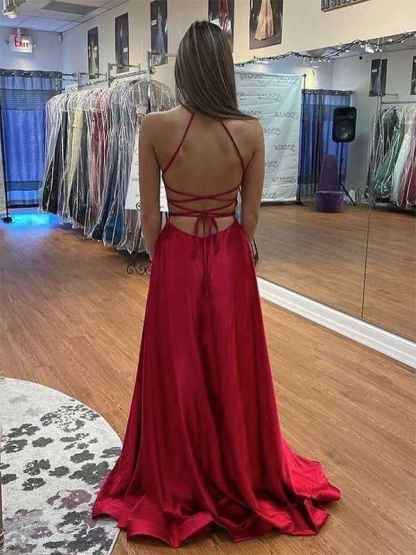 Red A Line Spaghetti Straps V Neck Long Prom Dress with Slit