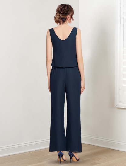 Mother of the Bride Scoop Neck Chiffon Pantsuit with Jacket