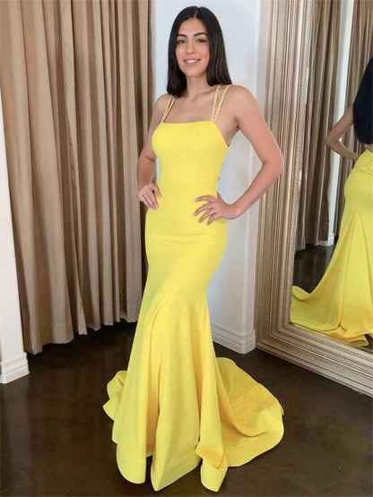 Yellow Mermaid Spaghetti Straps Satin Long Prom Dress