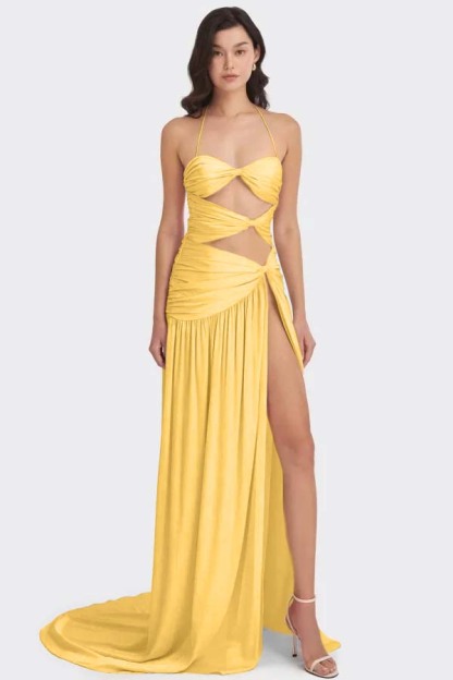 Chic Sleeveless Halter Long High Split Prom Dress With Pleated