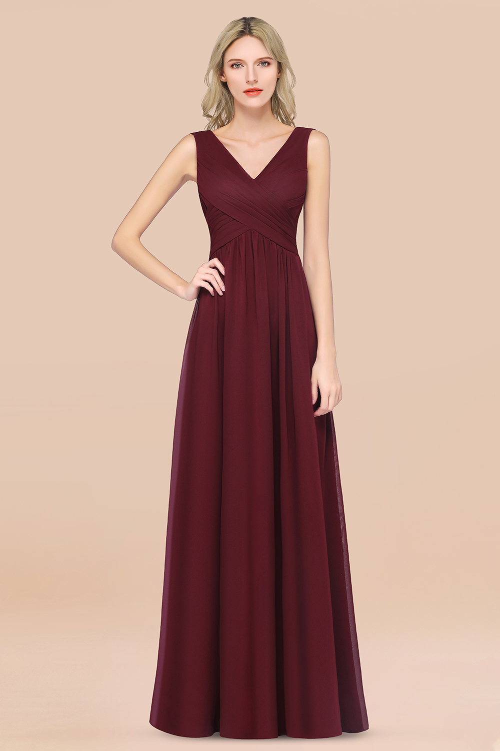 BMbridal Glamorous Chiffon V-Neck Sleeveless Burgundy Bridesmaid Dress with Draped Back-BMbridal