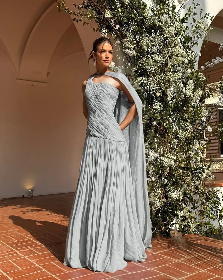 Chic One Shoulder Sleeveless Long Prom Dress With Pleated Shawl