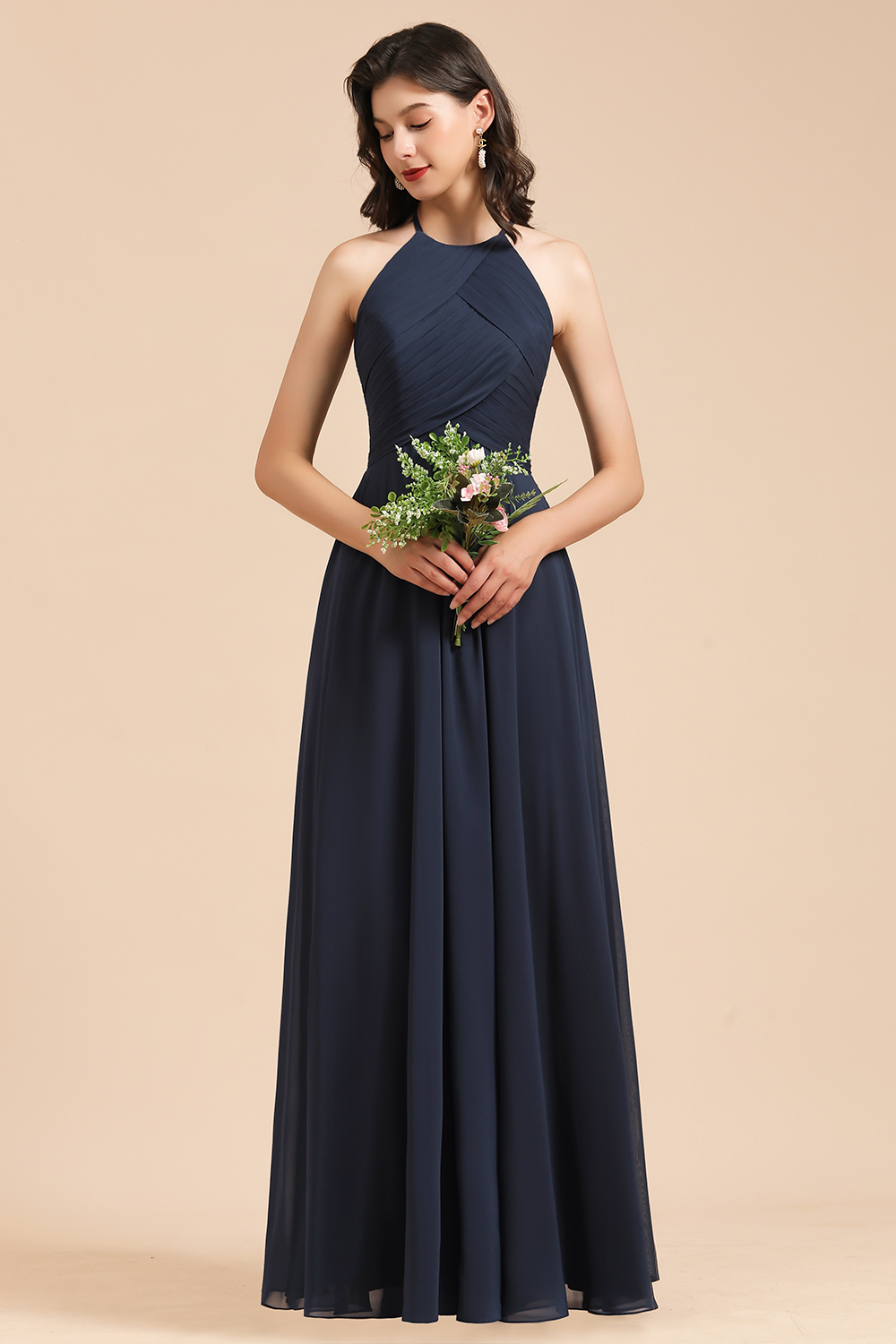 Elegant A-line Sleeveless V-Neck Ruffle Chiffon Lace Bridesmaid Dresses-BMbridal