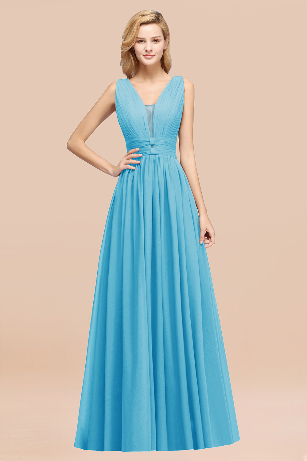 BMbridal Modest Dark Green Long Bridesmaid Dress Deep V-Neck Chiffon Maid of Honor Dress-BMbridal