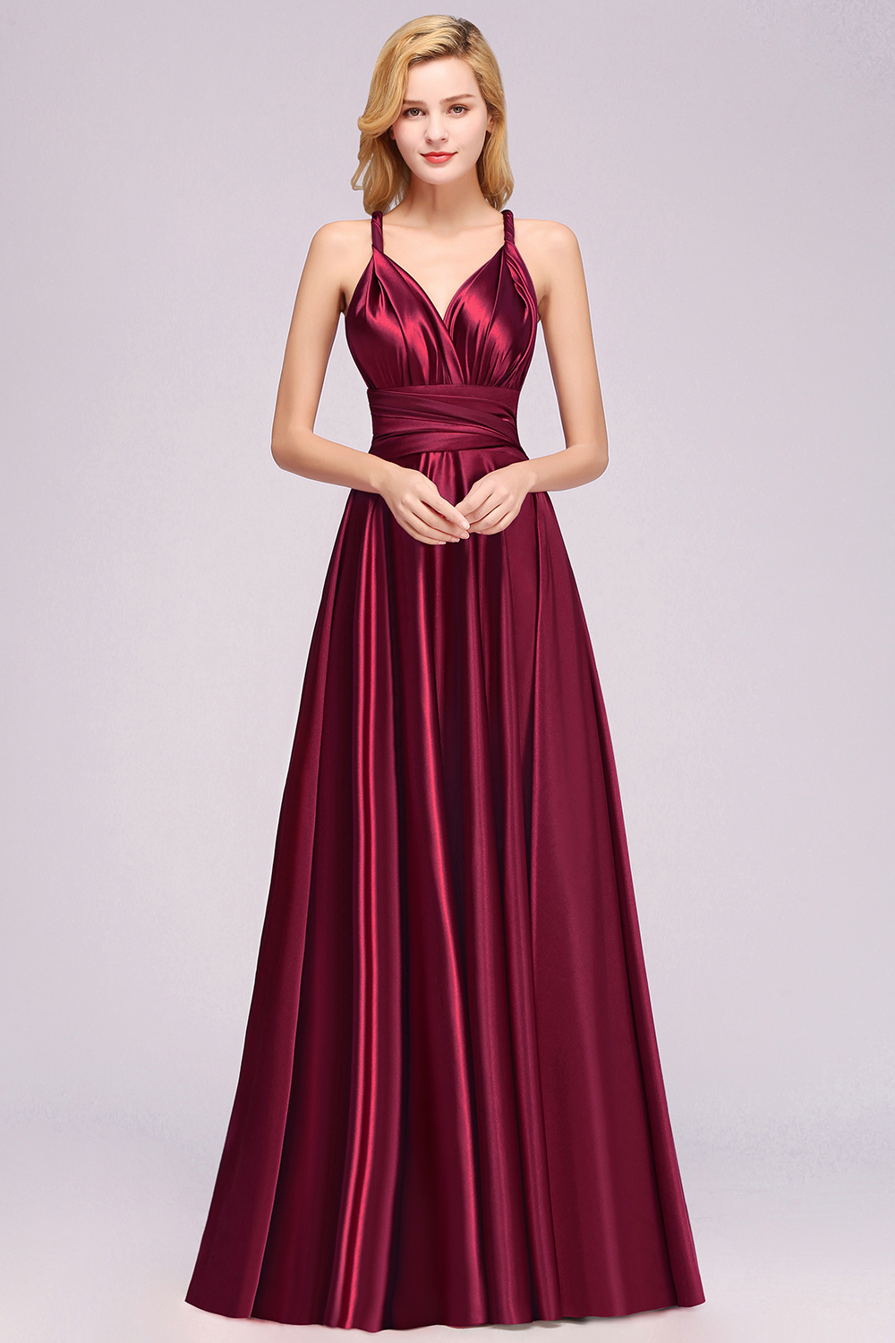 BMbridal Chic Burgundy Satin Long Bridesmaid Dresses With One Shoulder-BMbridal
