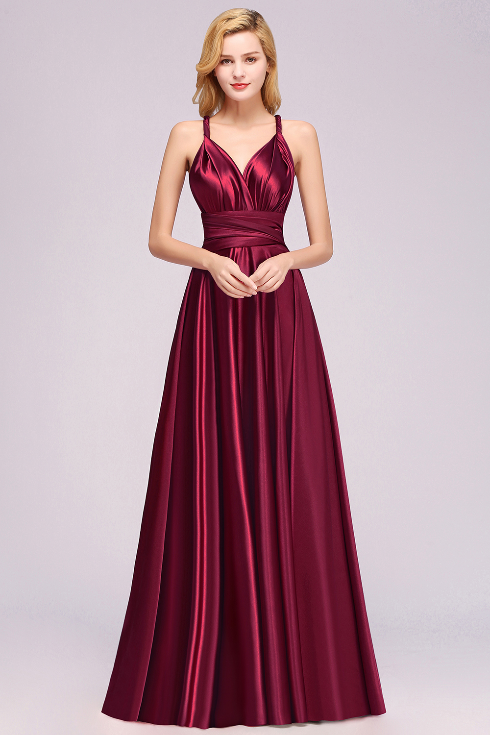 BMbridal Chic Burgundy Satin Long Bridesmaid Dresses With One Shoulder-BMbridal