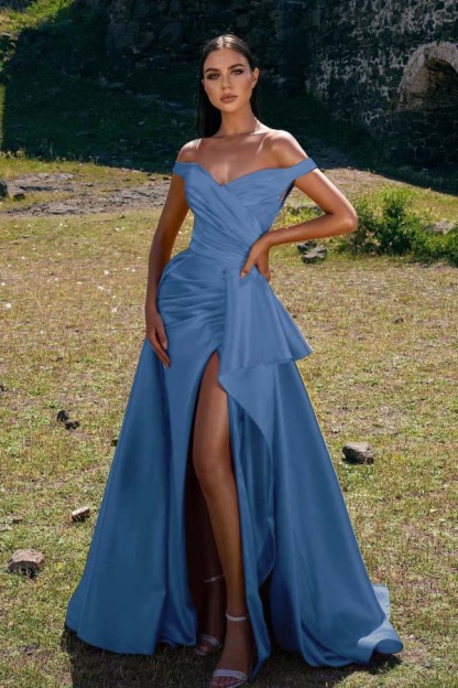 Chic Sleeveless Off the Shoulder Mermaid Pleated Prom Dress Red With Split