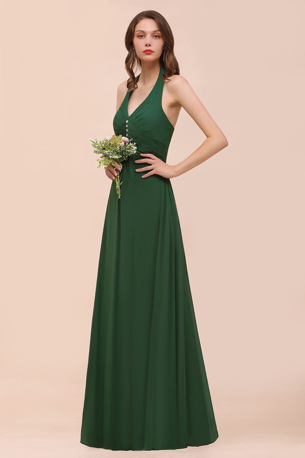 BMbridal Affordable Halter Beading Ruffle Dark Green Bridesmaid Dress With Shawl-BMbridal