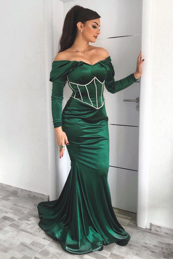 Off the Shoulder Prom Dress Dark Green Long Sleeves Mermaid