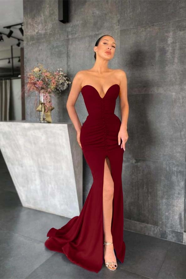 Sleeveless Strapless Long Mermaid Prom Dress With Pleated Split