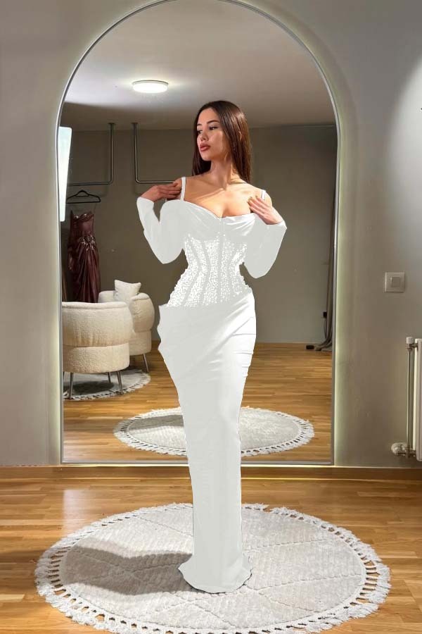 Off the Shoulder Long Sleeves Long Prom Dress With Sequins Pleated