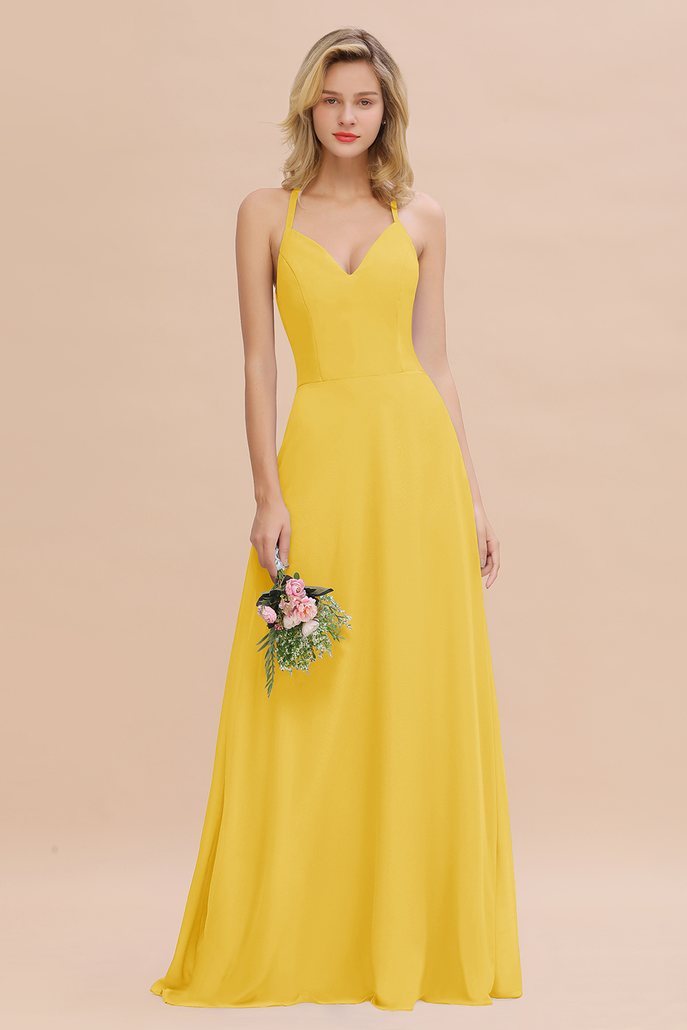 BMbridal Modest Halter V-Neck Sleeveless Long Bridesmaid Dresses Online-BMbridal