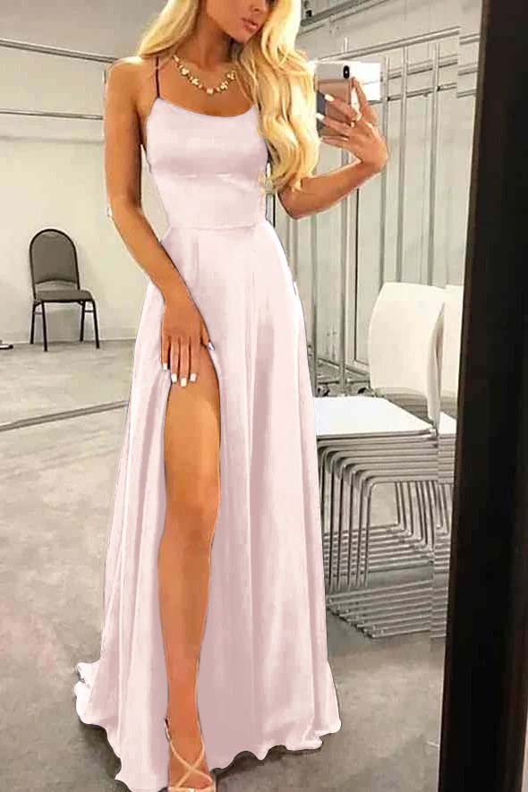 Spaghetti Strap Sleeveless Long Prom Dress With High Split Ruffles
