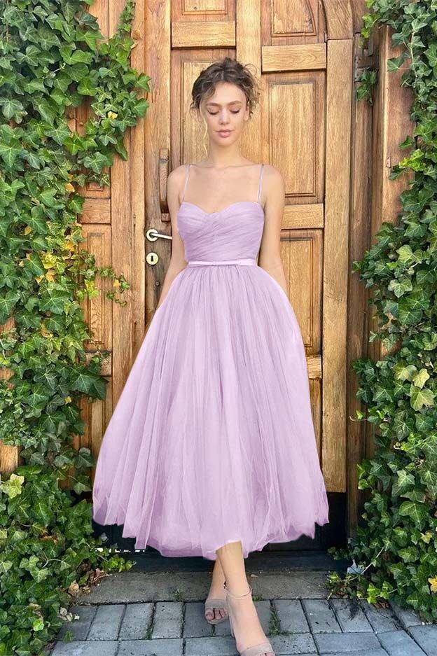 Tulle Spaghetti Strap Sweetheart Sleeveless Prom Dress With Belt