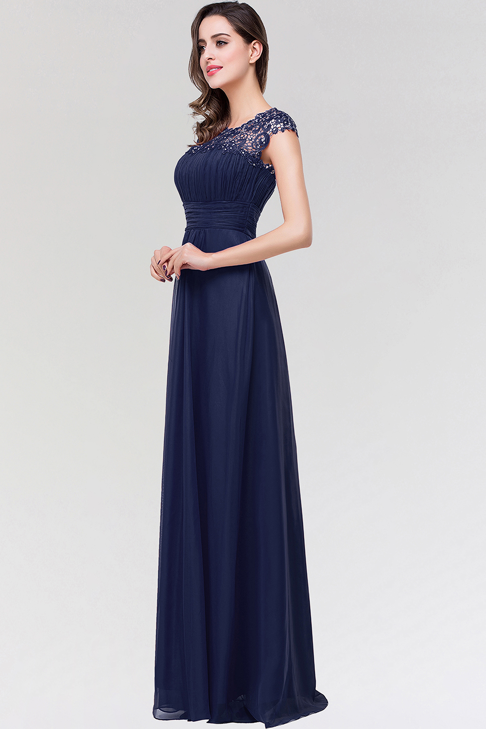 BMbridal Elegant Chiffon Pleated Navy Lace Bridesmaid Dress with Keyhole Back-BMbridal