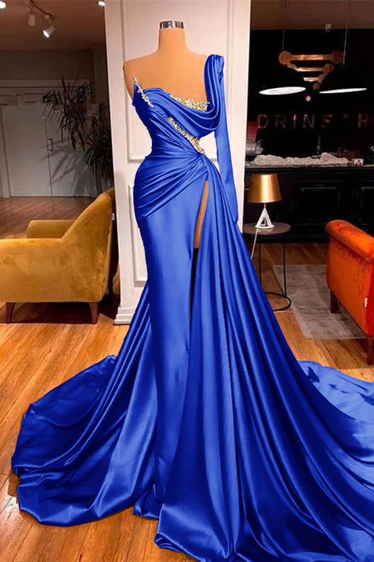 Mermaid One Shoulder Long Sleeve Pleated Prom Dress Split With Beadings