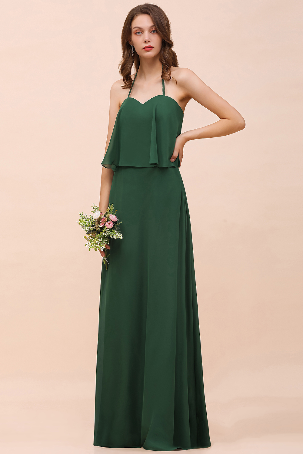 BMbridal Chic Halter Sweetheart Dark Green Chiffon Bridesmaid Dress-BMbridal