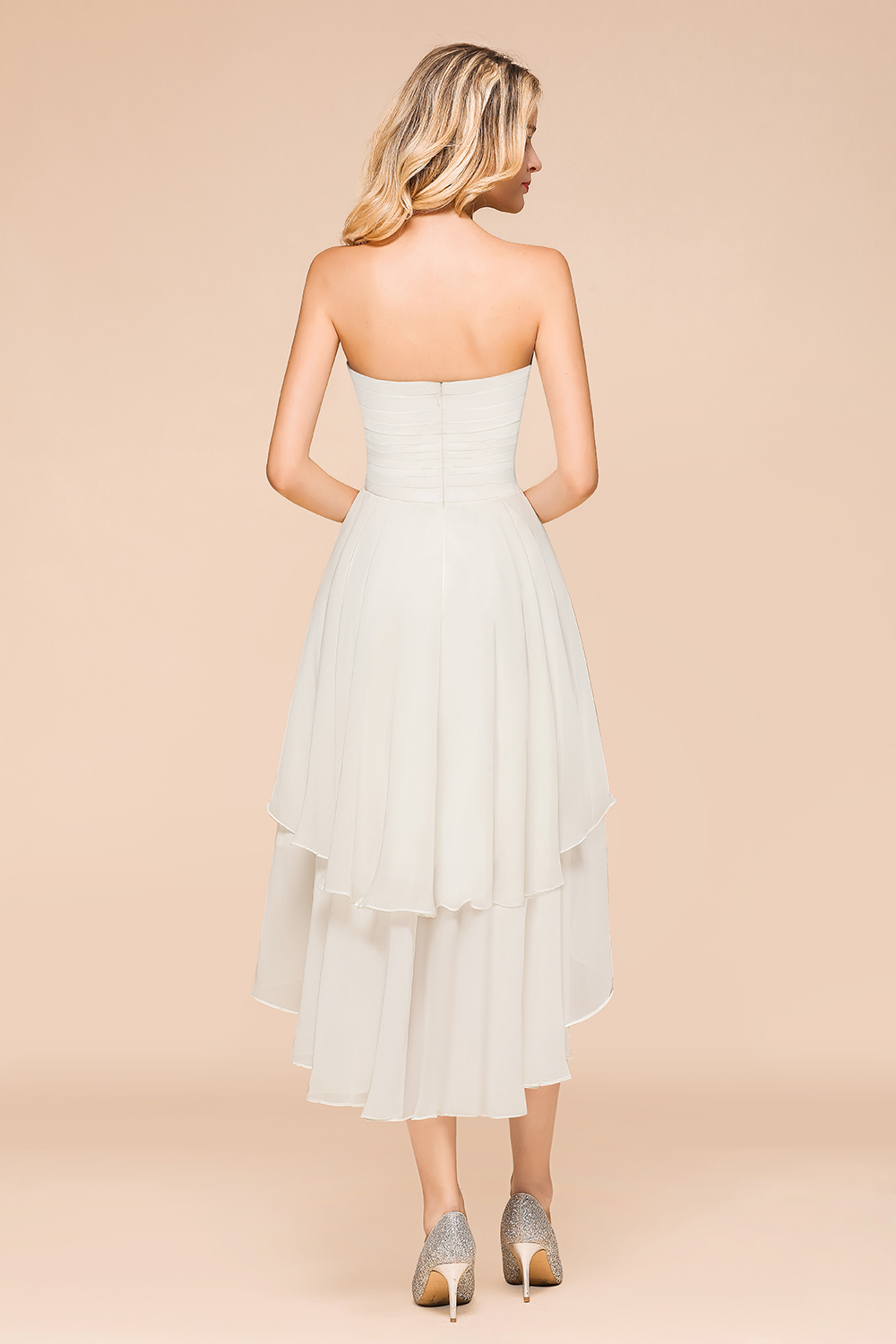 BMbridal Affordable Hi-Lo Layer Ruffle Ivory Short Bridesmaid Dress with Flower-BMbridal