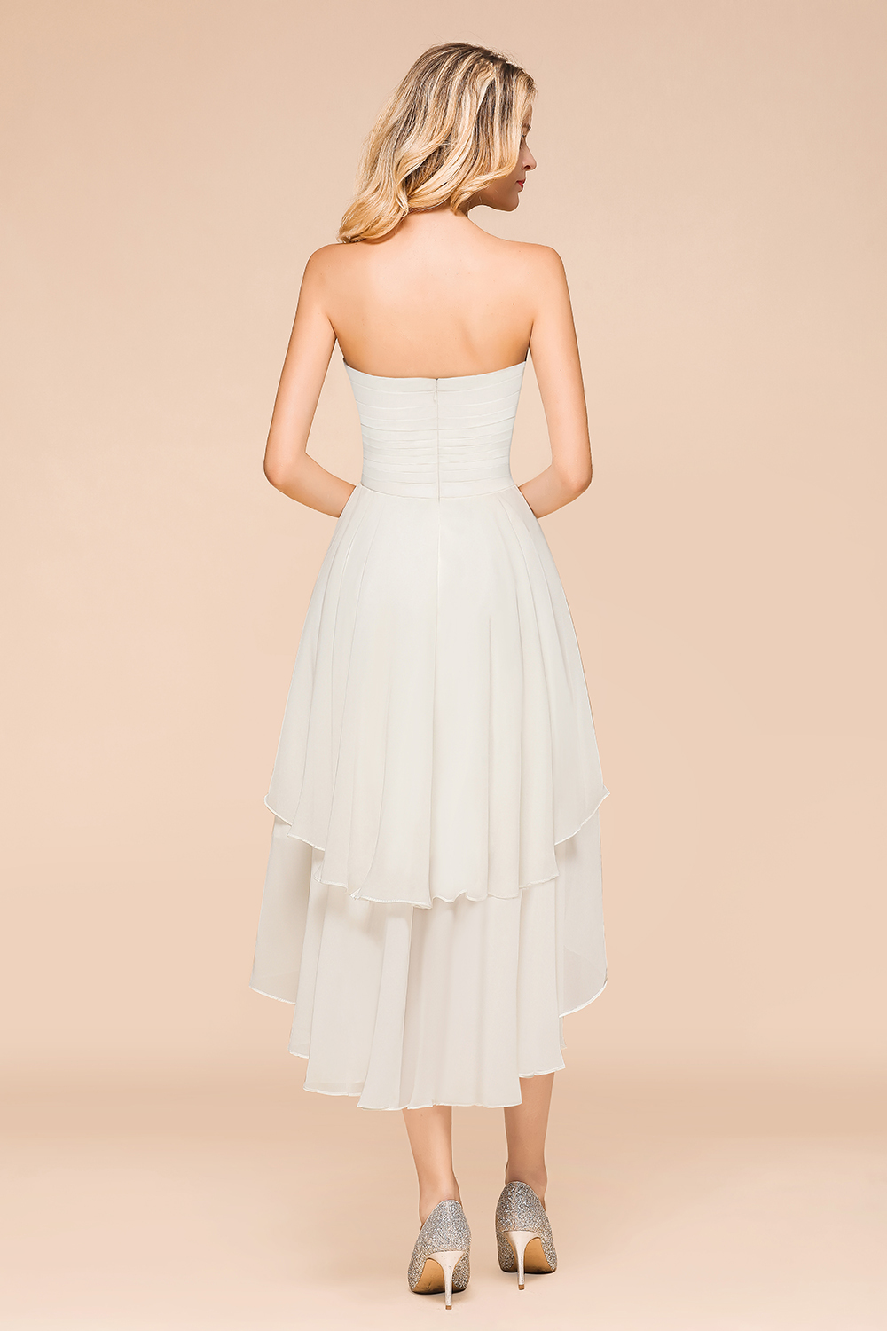 BMbridal Affordable Hi-Lo Layer Ruffle Ivory Short Bridesmaid Dress with Flower-BMbridal