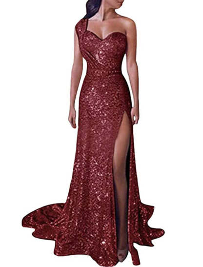 One-Shoulder Long Prom Dress with Side Split and Floor-Length Sheath/Column Design