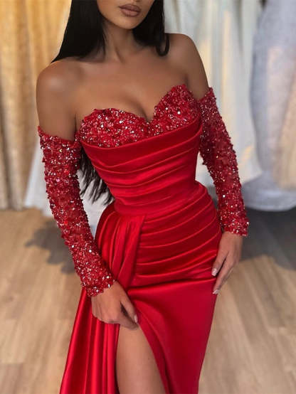 Sweetheart Floor-length Long Prom Dress with Side Split & Sequins in Sheath/Column Style