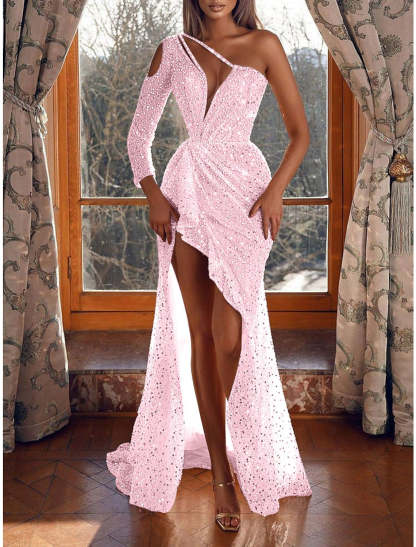 One-Shoulder Long Prom Dress with Sequins in Sheath/Column Style