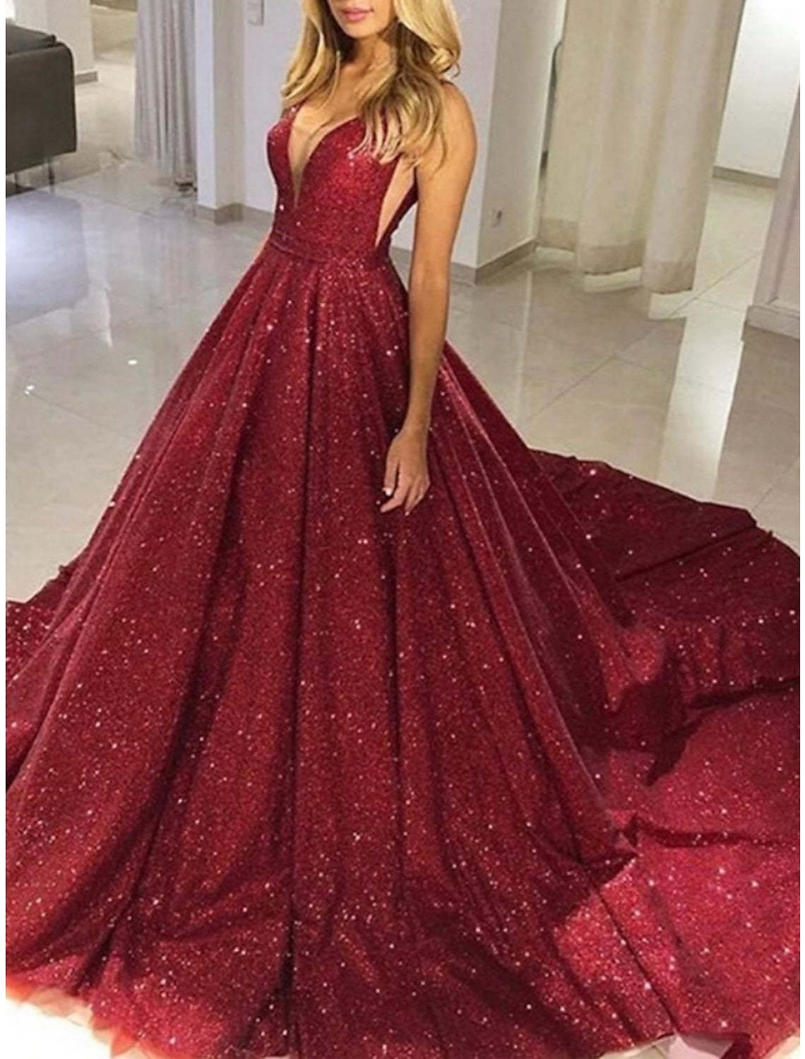 Sleeveless Long V-Neck A-Line Prom Dress with Sequins