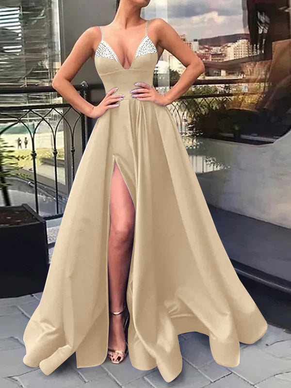 Princess A-Line V-Neck Long Prom Dress with Spaghetti Straps Side Split & Sequins
